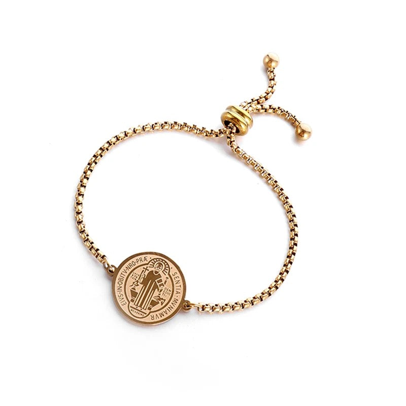 Pulsera San Benito ajustable - Acero inoxidable con chapa de oro